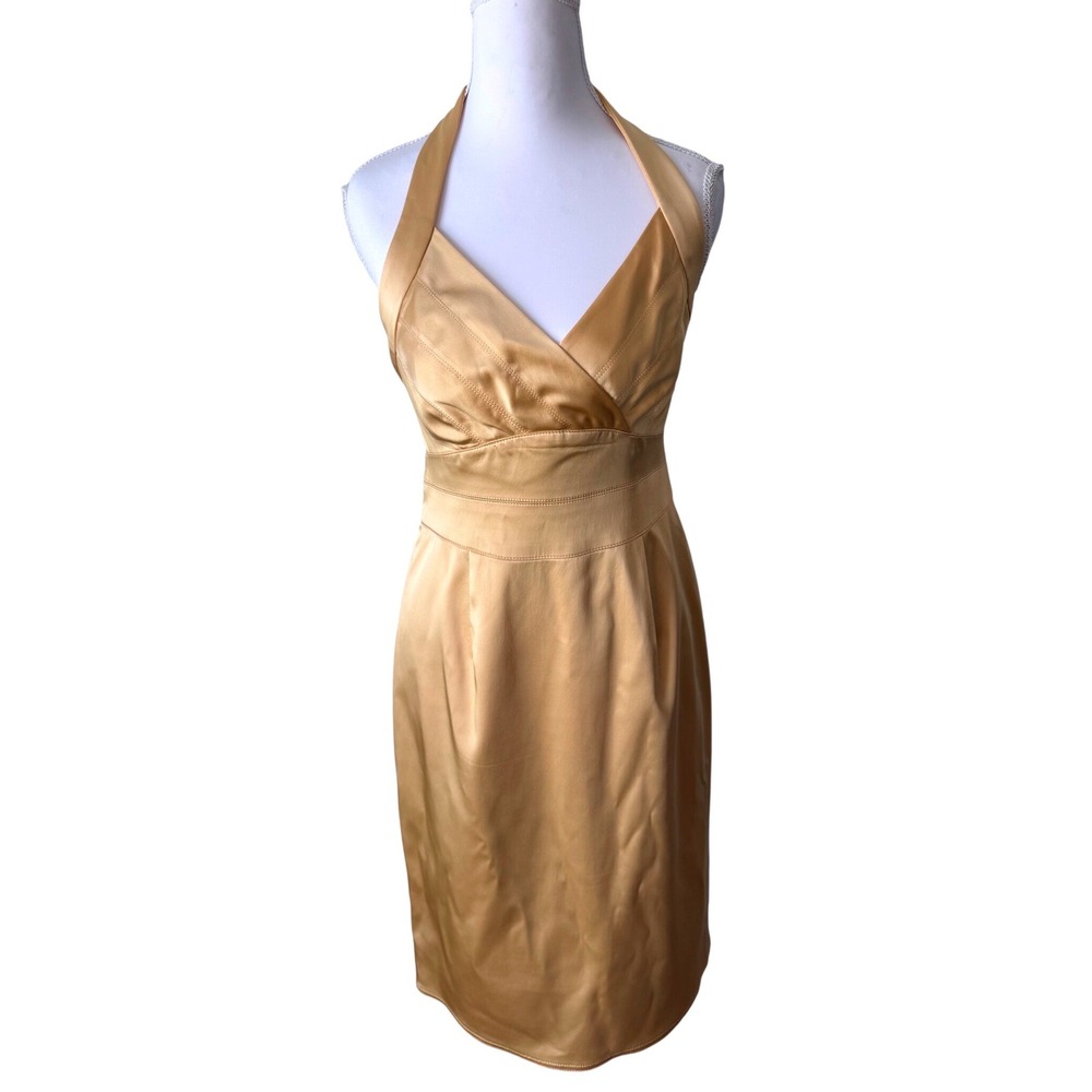 Vintage Kay Unger Cocktail Dress Gold Satin Halter Neck Formal Glam Size 2